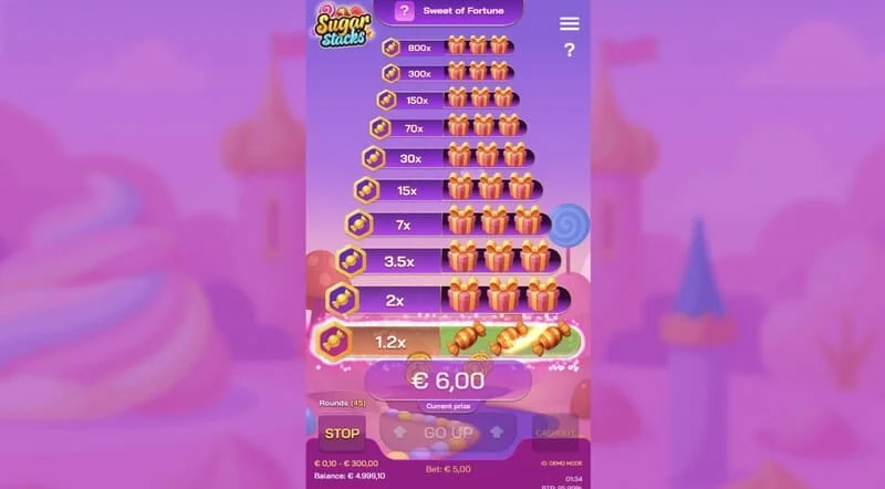 Sugar Stacks – zmagoviti korak z osvetljenim trenutnim nadstropjem in števcem množitelja